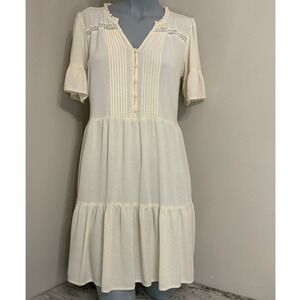Old Navy‎ Womens XS Cream Rayon Pintuck Tiered Boho Mini Dress Lace Trim Ruffle